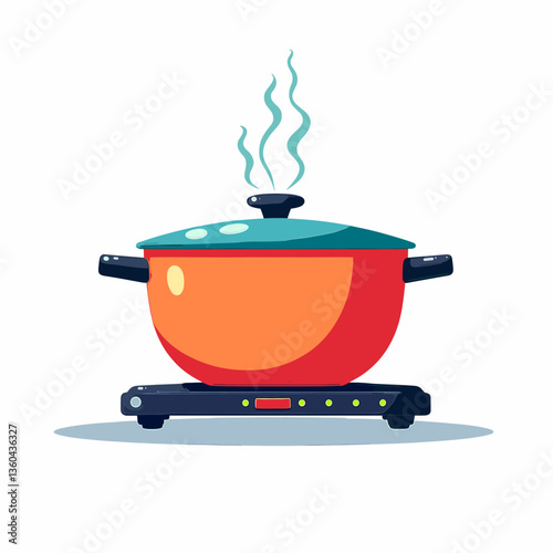 Induction cooker steaming with vibrant colors on white background, cooking concept