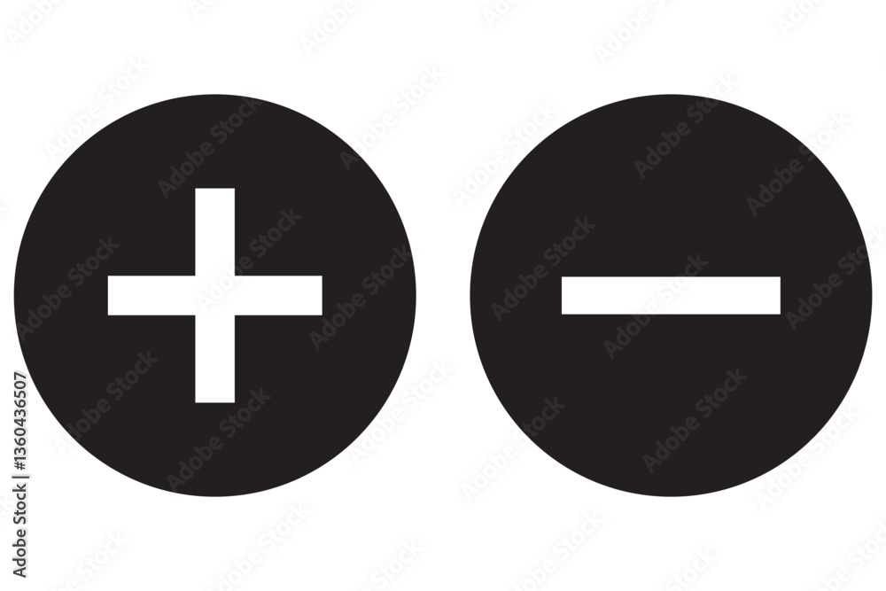 Round plus and minus icons set with different thicknesses. Vector. Round plus and minus icons set with different thicknesses. Vector.