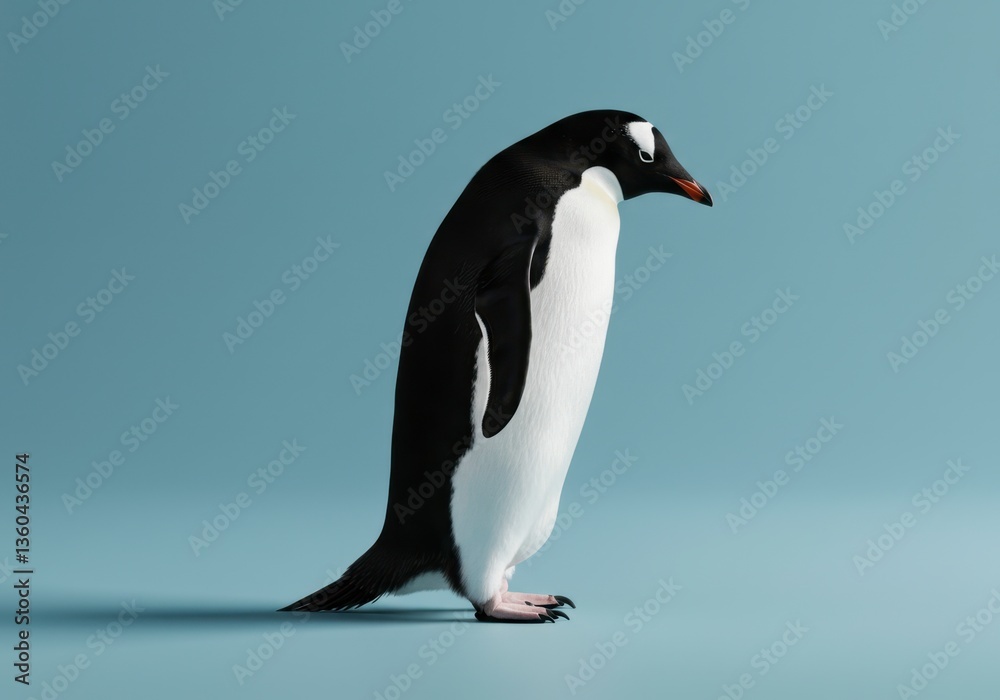 Obraz premium Depressed penguin standing on ocean floor. Gentoo penguin with curious eyes looking down. Conceptual shot of arctic bird for earth day or animal protection day