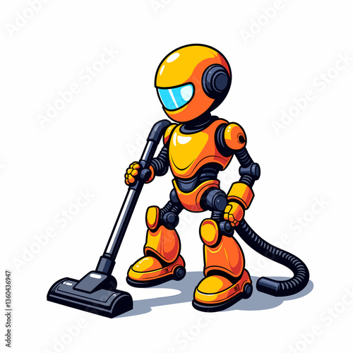 Cute robot vacuum character cleaning, modern home technology