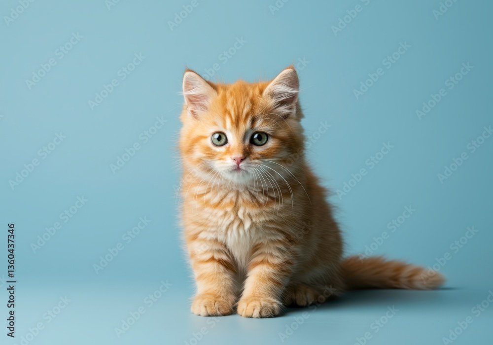 Adorable fluffy ginger kitten sits looking at camera, charming pet cat posing on blue background, studio shot with copy space for veterinary clinic or pet supplies site Adorable fluffy ginger kitten sits looking at camera, charming pet cat posing on blue background, studio shot with copy space for veterinary clinic or pet supplies site