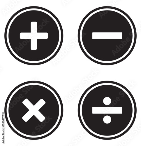 Isolate Black Math Icon set, Plus, Minus, Multiply, Divide Outline Icons symbol, Math and Education illustration, Modern minimal Graphic elements, Vector stock