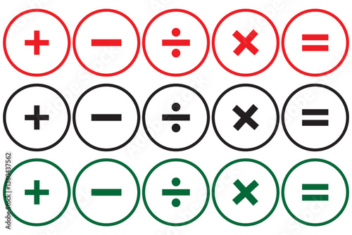 Isolate Black Math Icon set, Plus, Minus, Multiply, Divide Outline Icons symbol, Math and Education illustration, Modern minimal Graphic elements, Vector stock