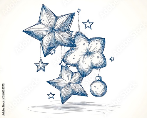 Sketchy Blue Christmas Stars Hanging.