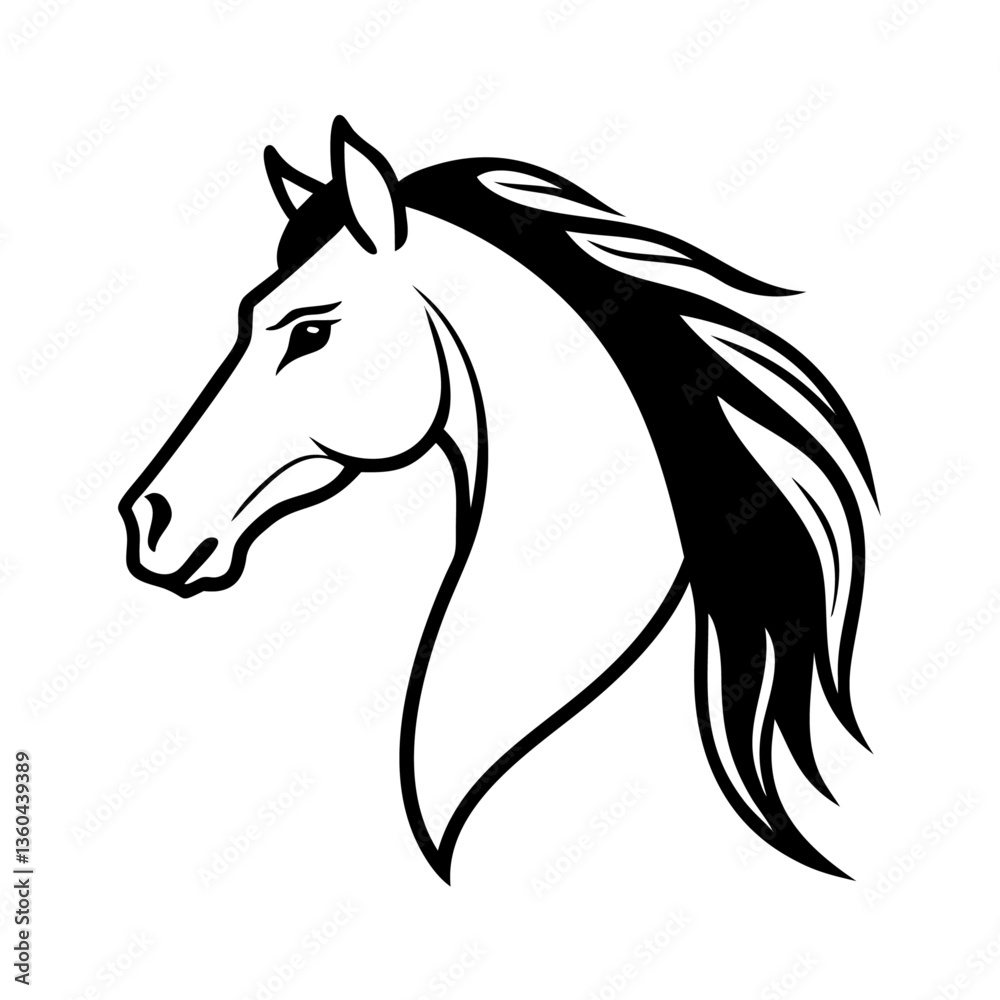 Elegant Horse Head Outline in Side Profile with Flowing Mane Ideal for Logos and Equestrian Designs