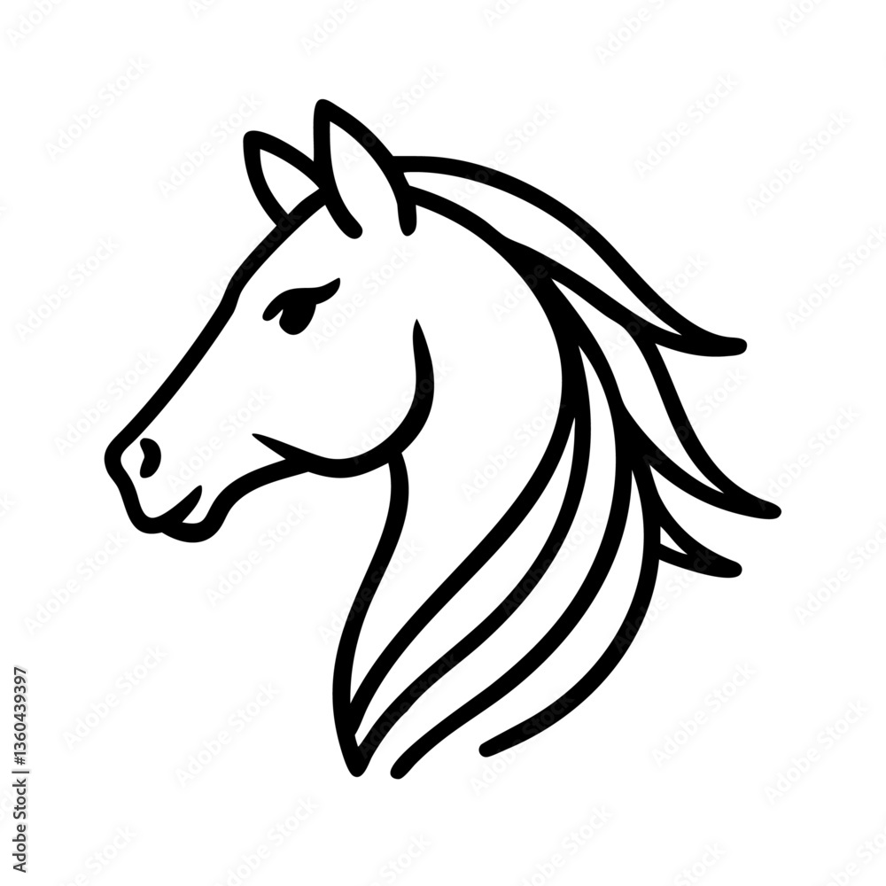 Elegant Horse Head Outline in Side Profile with Flowing Mane Ideal for Logos and Equestrian Designs Elegant Horse Head Outline in Side Profile with Flowing Mane Ideal for Logos and Equestrian Designs