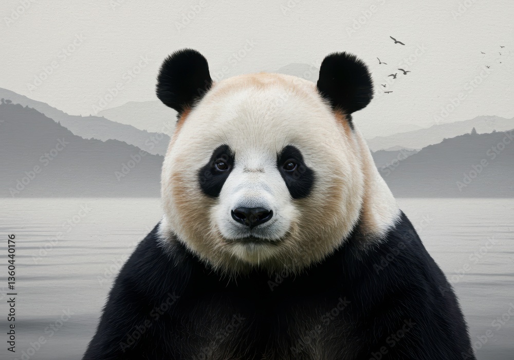 Fototapeta premium Captivating panda in grayscale landscape art print poster for wall decor, striking an iconic wildlife pose looking majestic on a serene mountaing background.