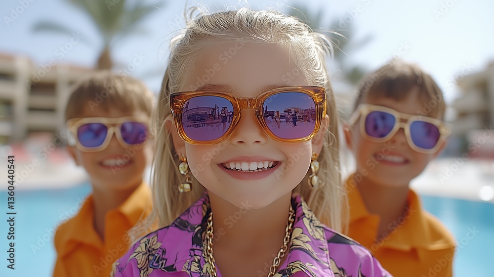 Children wearing stylish sunglasses smile by swimming pool during sunny day Children wearing stylish sunglasses smile by swimming pool during sunny day