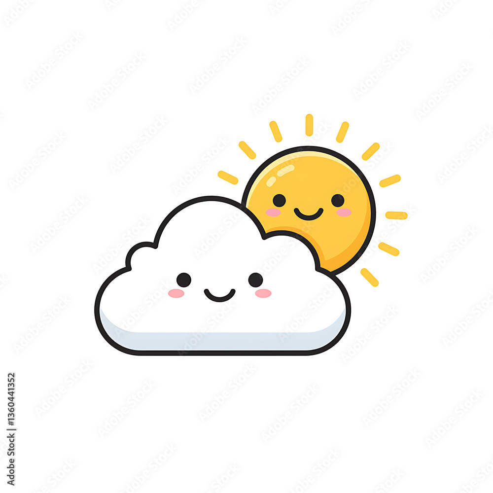 Combination of a smiling sun and a cute fluffy cloud, symbolizing a happy and balanced weather concept. Combination of a smiling sun and a cute fluffy cloud, symbolizing a happy and balanced weather concept.