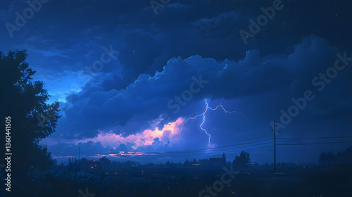 The intense beauty of a thunderstorm rolling across the sky, with dark clouds and the occasional flash of lightning, brings a sense of raw, untamed power to the landscape