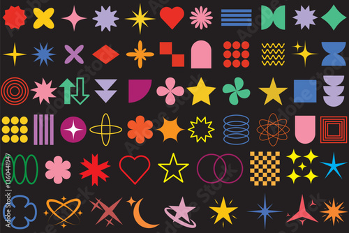 A collection of brutalist inspired figures designed with geometric shapes and simple symbols like stars and spirals for decorative use.