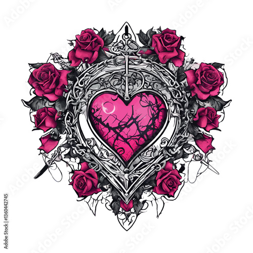 Y2k Gothic pink hearts with barbed wire. Perfect Gothic hearts in 2000s style. Pink Emo goth tattoo stickers flamed