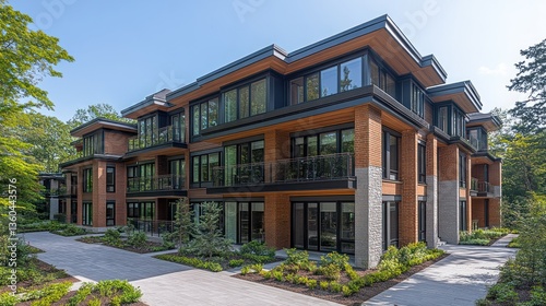 Obraz na płótnie Modern residential building nestled within lush landscaping. Spacious apartments with balconies and large windows, offering a peaceful and elegant living environment w salonie