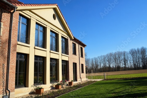 Wallpaper Mural A stunning contemporary home featuring expansive windows is nestled amidst lush nature, basking in the warm sunlight of a picturesque rural setting Torontodigital.ca