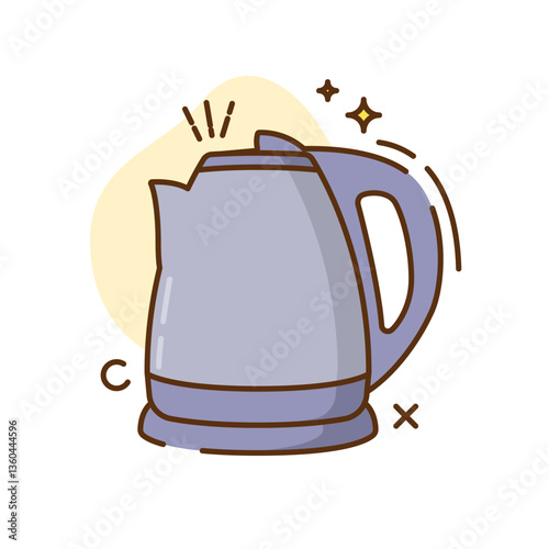 The image shows a cartoon illustration of an electric kettle. The kettle is light purple or gray with a darker purple or brown outline
