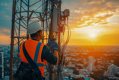 Telecom technician working on communication tower wiring with safety gear during beautiful sunset above the city