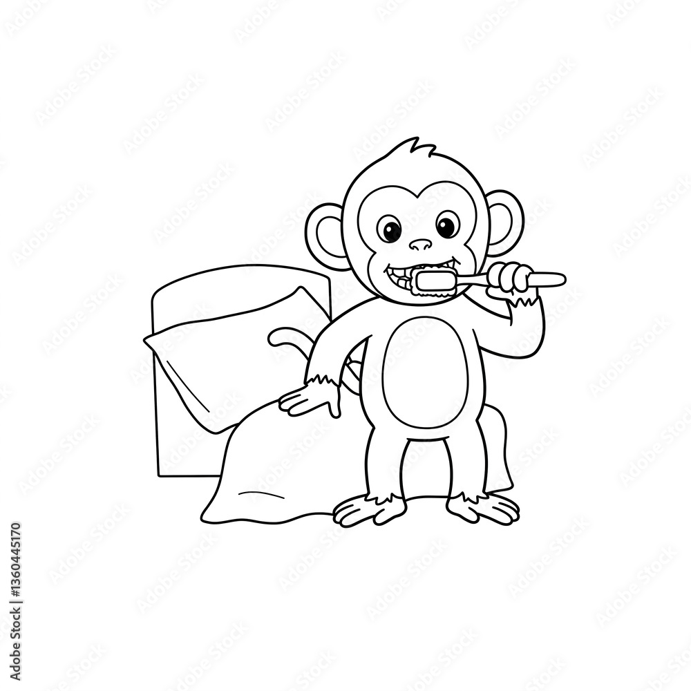 Obraz premium Line drawing of monkey brushing teeth beside bed, showcasing childlike innocence and hygiene habits, ideal for kids' book illustrations or educational materials