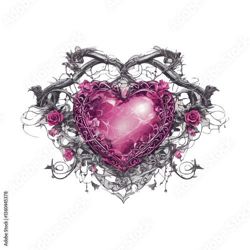 Y2k Gothic pink hearts with barbed wire. Perfect Gothic hearts in 2000s style. Pink Emo goth tattoo stickers flamed