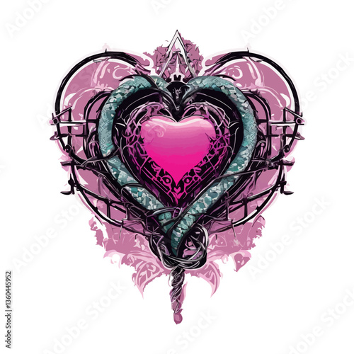 Y2k Gothic pink hearts with barbed wire. Perfect Gothic hearts in 2000s style. Pink Emo goth tattoo stickers flamed