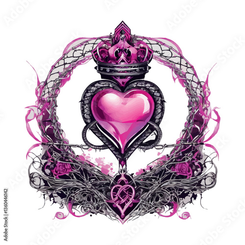 Y2k Gothic pink hearts with barbed wire. Perfect Gothic hearts in 2000s style. Pink Emo goth tattoo stickers flamed