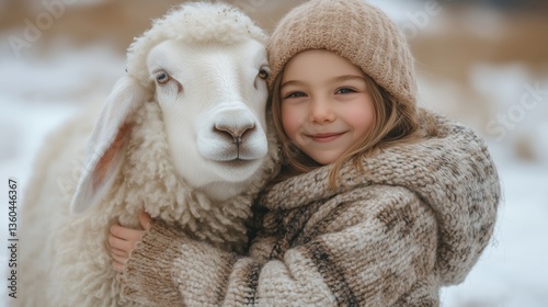 Girl smiling with sheep in snowy landscape, wearing cozy sweater and hat during winter afternoon