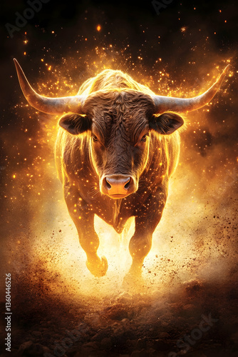 Fiery Texas Longhorn Bull Charging Through Flames