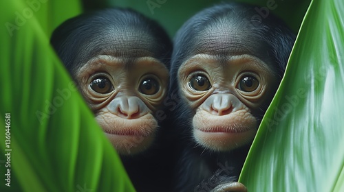Fototapeta Naklejka Na Ścianę i Meble -  Cute baby monkeys peek from vibrant green leaves in a lush jungle setting, showcasing their innocent expressions and playful nature