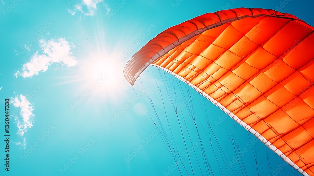 Obraz premium A vibrant orange paraglider soaring against a bright blue sky and sun.