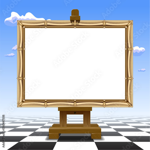 A gold classic picture frame with a white canvas on the wood easel in a surreal landscape on checkerboard floor against blue sky with clouds. Vector illustration in 3d style