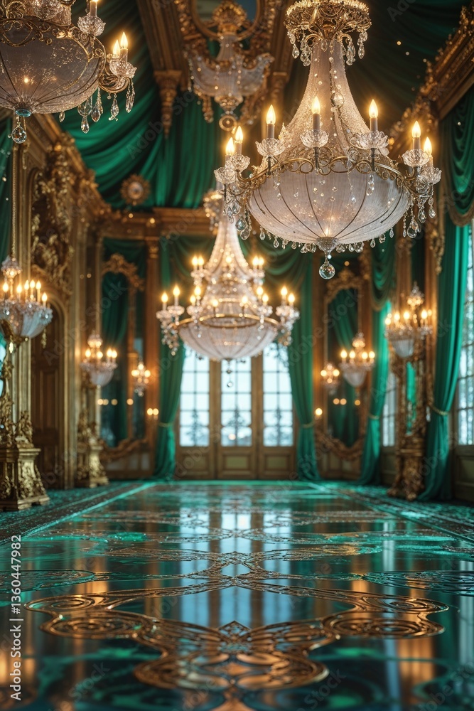 Obraz premium A grand ballroom features exquisite chandeliers and lush green drapes. The ornate flooring reflects the intricate design, creating a luxurious atmosphere in this historic venue