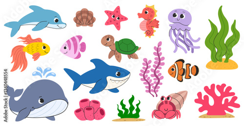 Cartoon kids set of sea animals, fish and seaweed. Underwater life elements collection - whale, shark, dolphin, fish and other sea creatures.