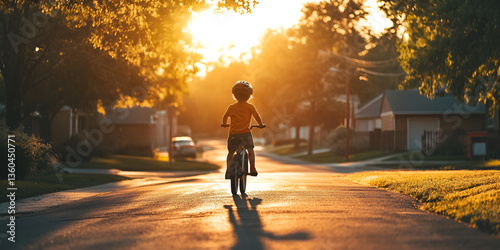 Child riding a bicycle at sunset on a suburban street, nostalgic summer evening moment
