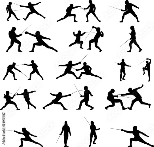 fencers, fencing set, silhouette collection, vector