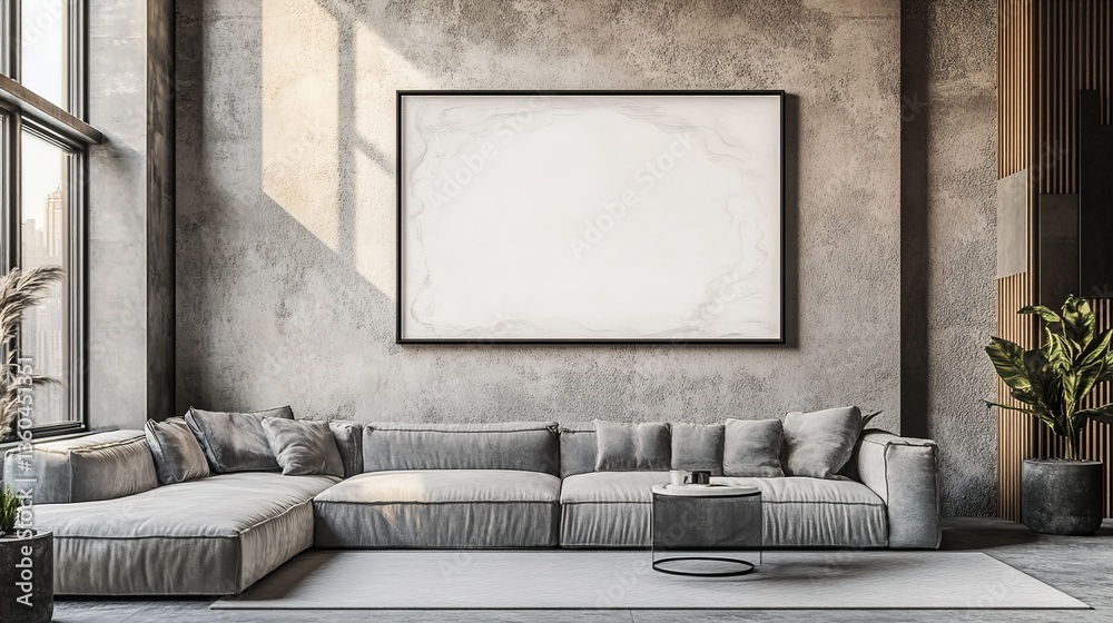 Fototapeta premium A modern minimalist living room with a gray L - shaped sofa, multiple gray throw pillows, a blank picture frame on the concrete wall, a floor lamp, decorative pampas grass