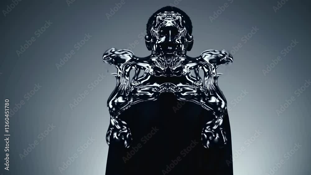 Metallic liquid morphing and enveloping dark skinned performer wearing black clothes, transforming body on gray background with fluid, surreal visual effect