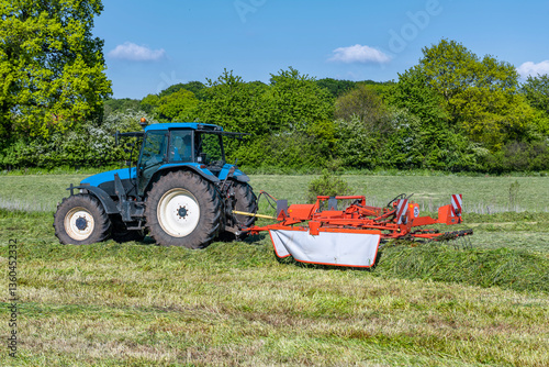Tractor with hay tedder in the mown meadow - 5259 photo