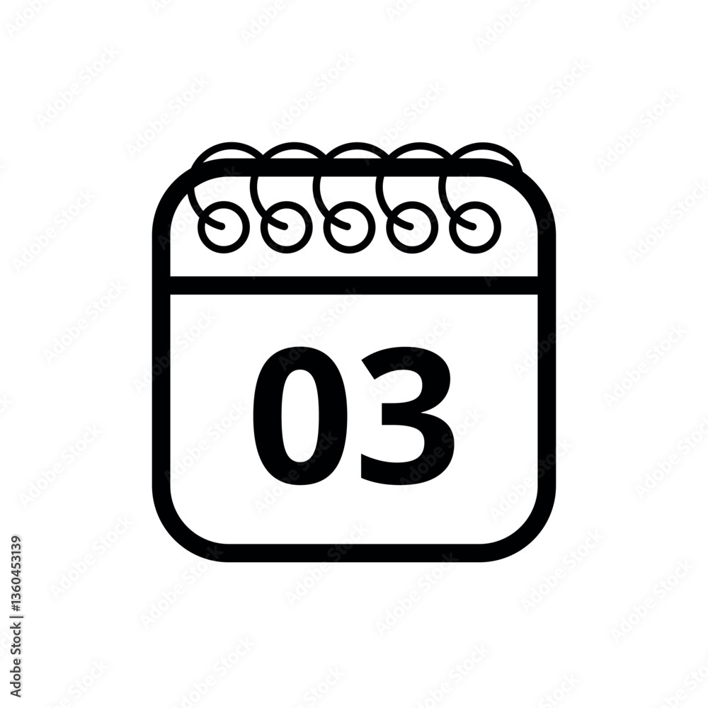 Simple flat icon of hollow calendar isolated on transparent background with specific day marked, day 03 for websites and graphic resources.