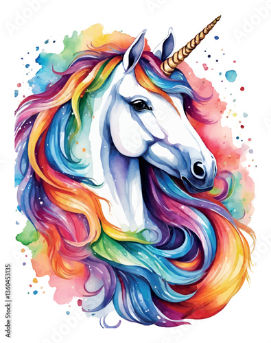 Unicorn head in wreath of flowers. Watercolor vector illustration.