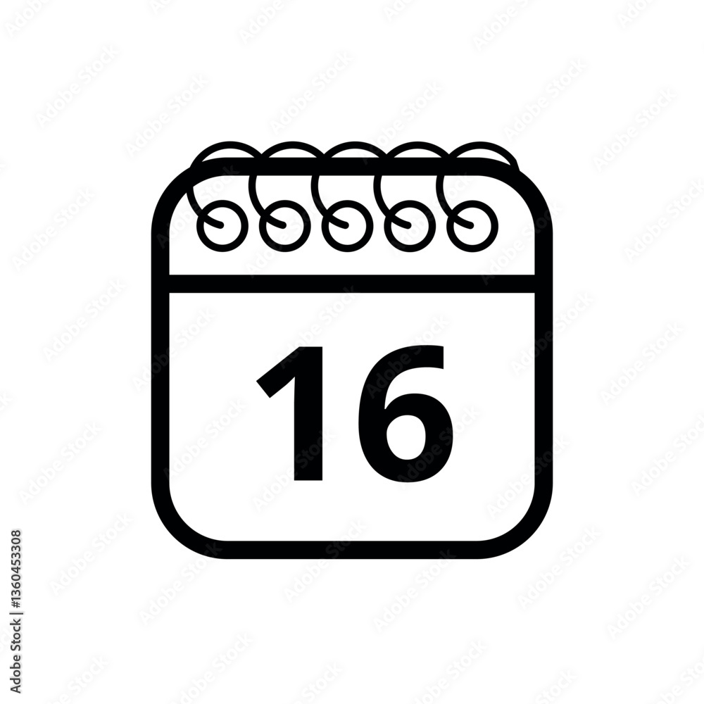 Simple flat icon of hollow calendar isolated on transparent background with specific day marked, day 16 for websites and graphic resources.