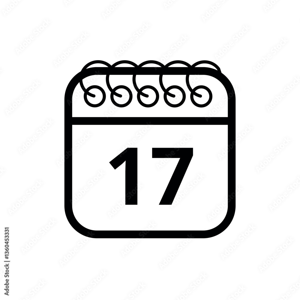 Simple flat icon of hollow calendar isolated on transparent background with specific day marked, day 17 for websites and graphic resources.