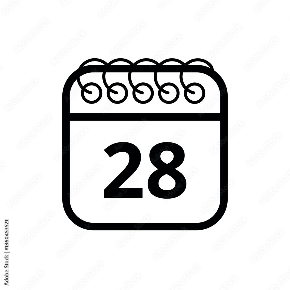 Simple flat icon of hollow calendar isolated on transparent background with specific day marked, day 28 for websites and graphic resources.