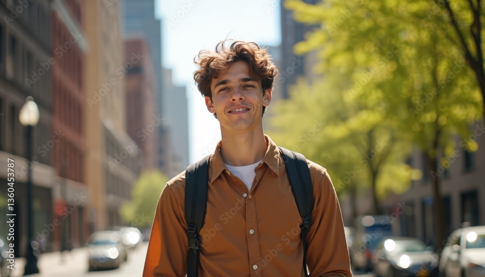 Obraz premium Young smiling student with backpack walks New York City. Man enjoys sunny day in urban environment. Street scene with buildings, trees, cars. City lifestyle, tourism, college education. Happy