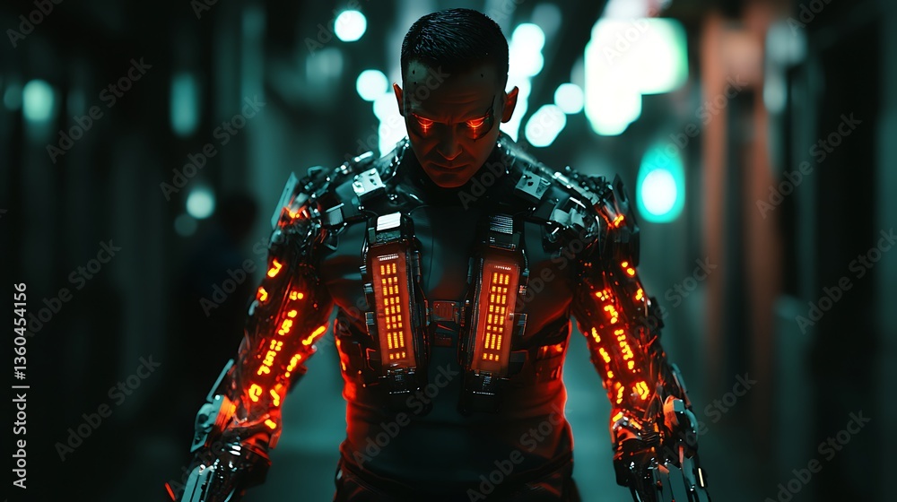 A futuristic figure with glowing mechanical arms stands in a dimly lit corridor. A futuristic figure with glowing mechanical arms stands in a dimly lit corridor.