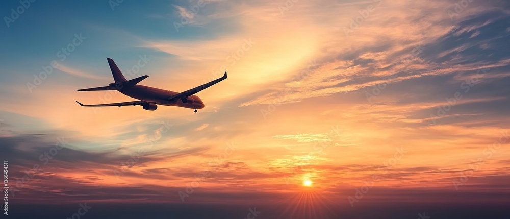 Fototapeta premium An airplane flying in the sky during sunset, with the sun below in the frame, sky filled with orange and pink clouds