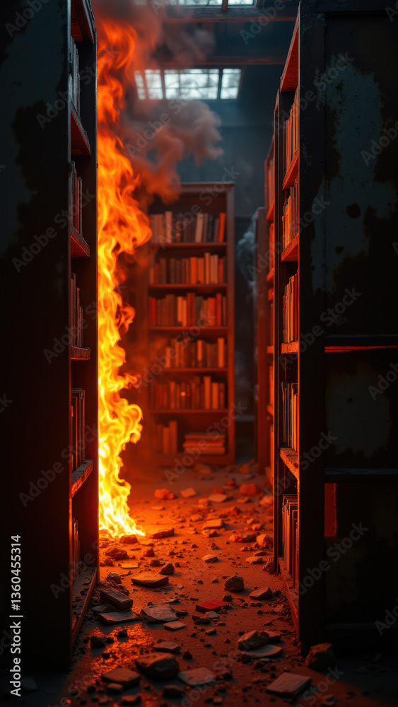 Fototapeta premium Watch Duty - Wildfire burning through a bookcase in an office setting.