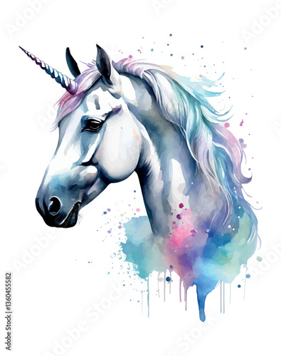 Unicorn head in wreath of flowers. Watercolor vector illustration.