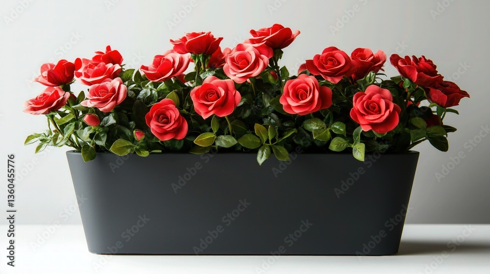 custom made wallpaper toronto digitalA sleek and modern corner planter made of matte black metal, filled with vibrant miniature red roses, perfect for stylish home and office decor.