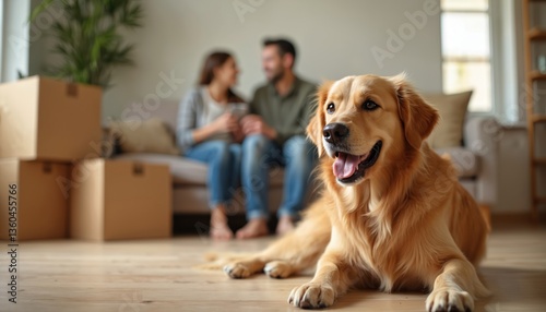 Family moves to new home with dog. Cardboard boxes, golden retriever. Couple, pet relocation, renovation. Moving day, modern interior, property real estate. Happy couple, relocation delivery service. photo