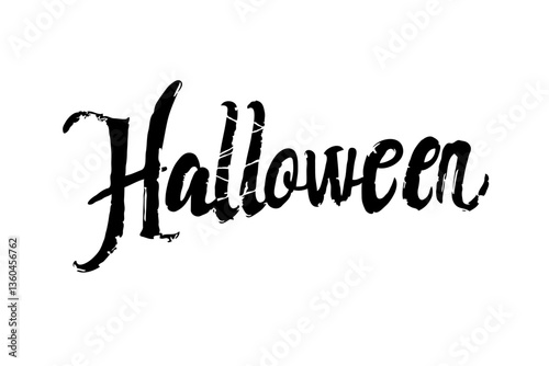 Image of the word Halloween written in a spooky, black font on a white background. Concept of Halloween celebration and spooky themes