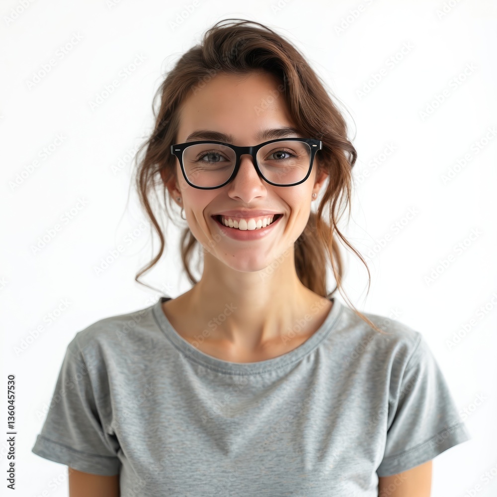 Portrait of smiling woman with glasses in grey t-shirt on white background. Happy cheerful young female looks at camera with toothy smile. Business lady. Portrait of smiling woman with glasses in grey t-shirt on white background. Happy cheerful young female looks at camera with toothy smile. Business lady.